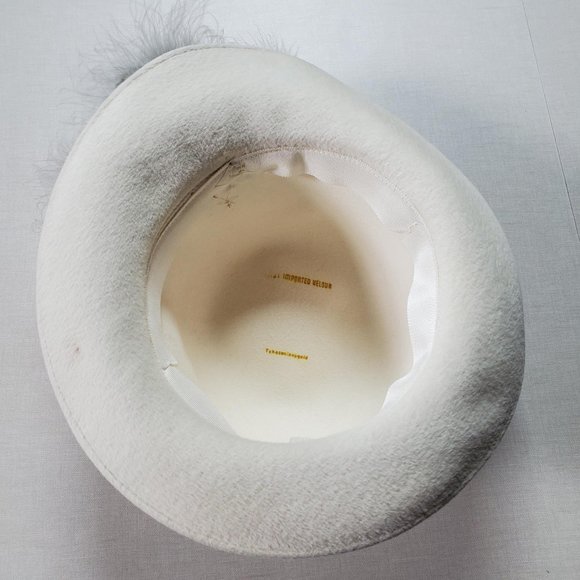 White Cream Vtg Fedora Imported Velour Feather Hat - Picture 4 of 11